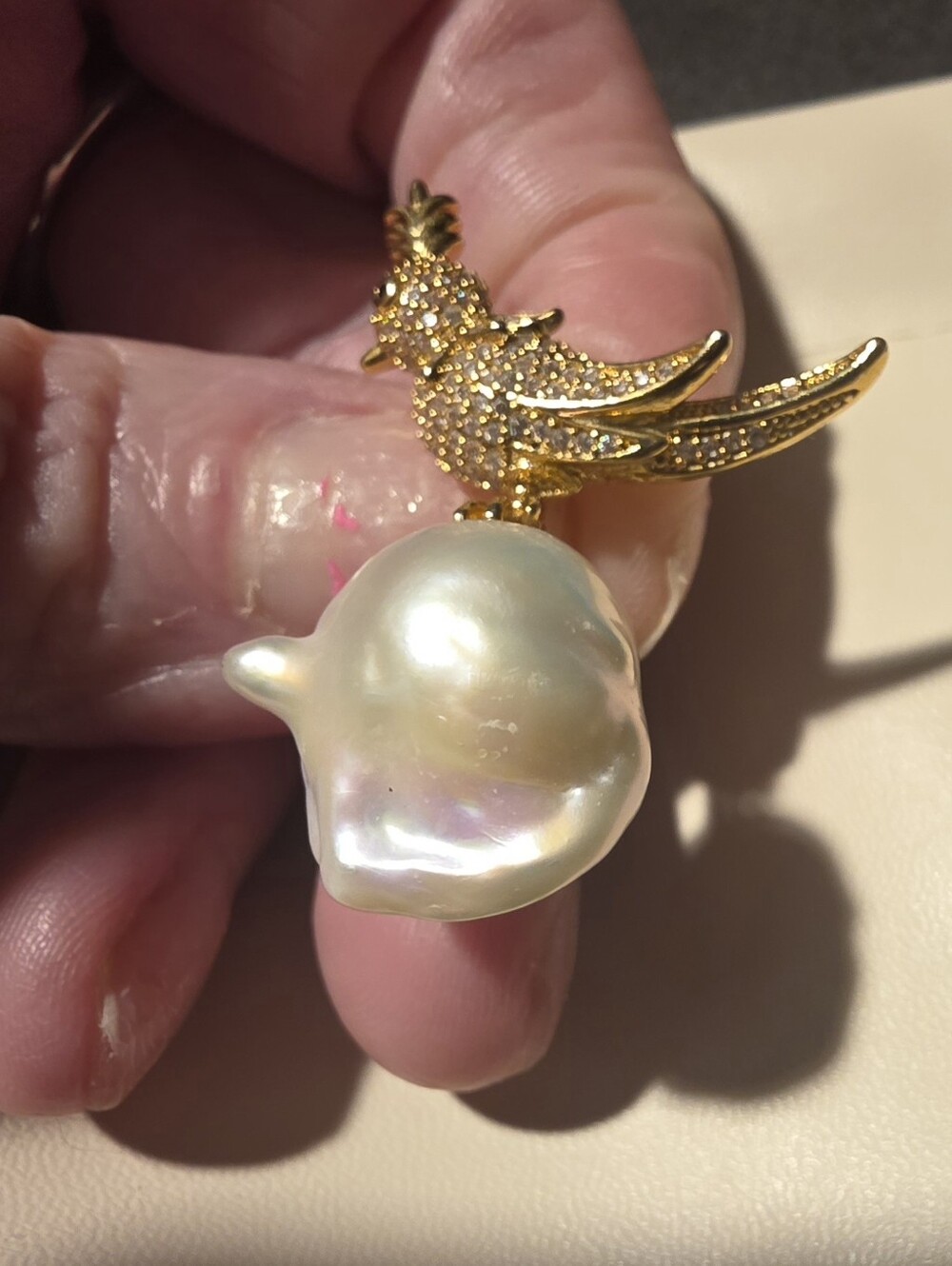 Gold Bird Pearl Brooch With Iridescent /pink, Baroque Pearl.